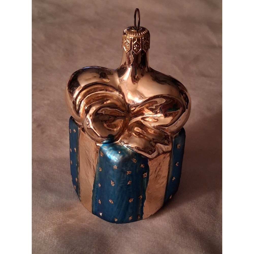 Vintage Blown Glass Christmas Ornament Blue Silver Gift‎ Present Bow 4"